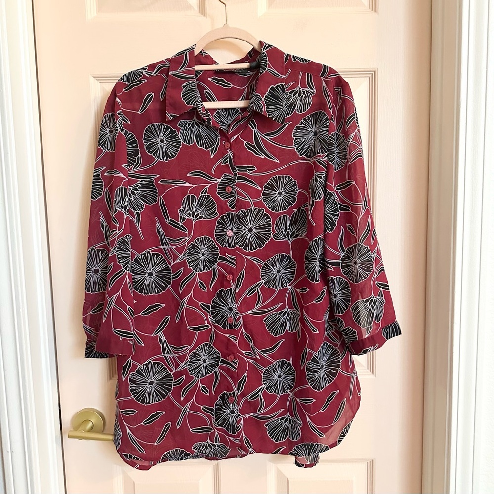 Red floral attention button up